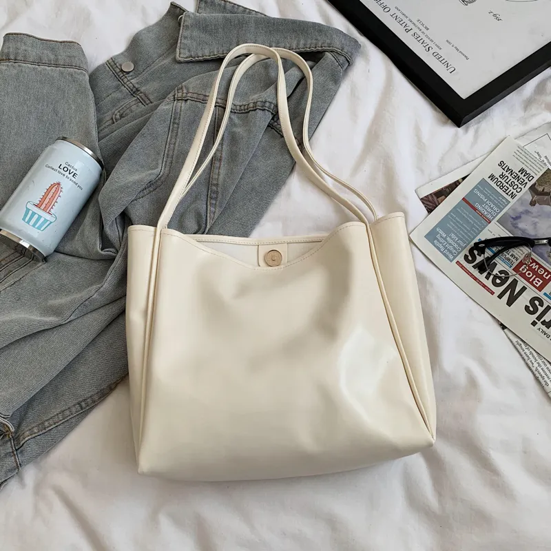 Autumn And Winter Large Capacity Bag Versatile Texture One shoulder College Students'' Class Bag Tote Bag - Cream