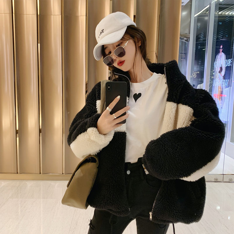 Title 4, Casual Lamb Plush Short Coat Women Black And Wh...