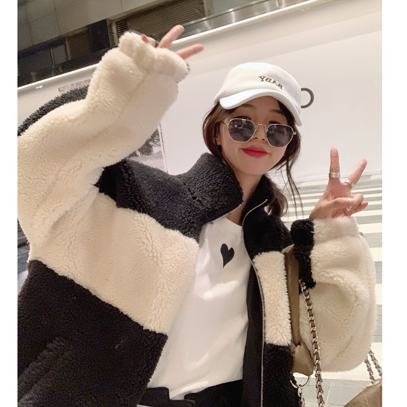 Casual Lamb Plush Short Coat Women Black And White Hit Color Stand Up Collar Cotton Coat