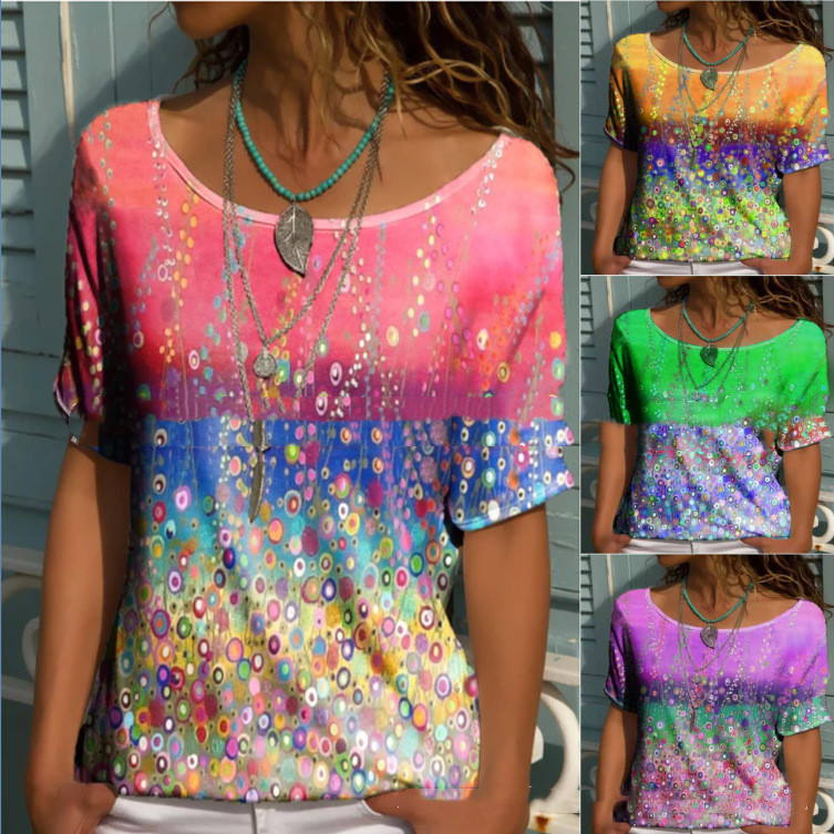 Multicolor Round Neck Geometric Print Loose Short Sleeved T Shirt