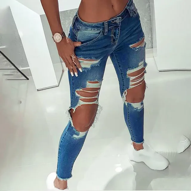 Low Rise Jeans European And American Ripped Stretch Jeans Blue - Shop at LoveMi