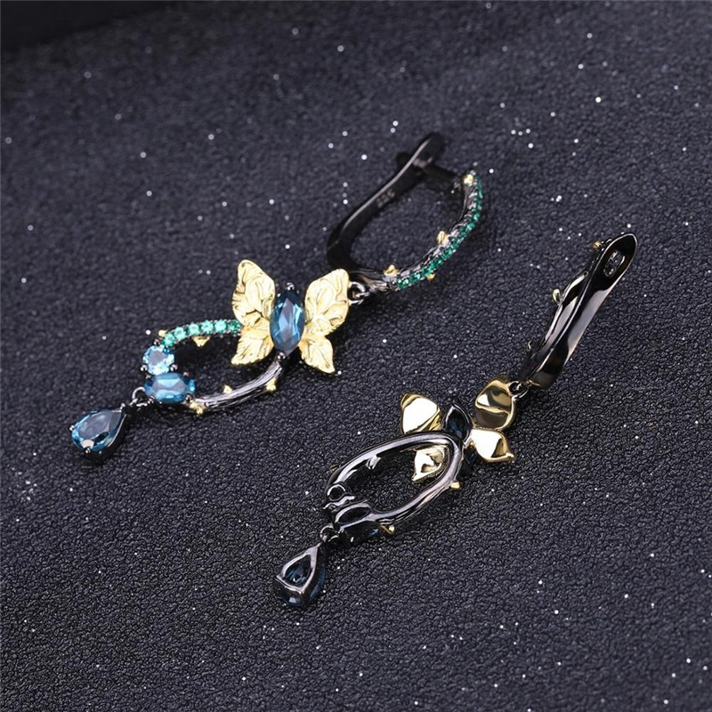 Natural London Blue Topa Earrings 925 Silver Handmade Butterfly Fashion Long Earrings