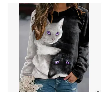 European And American Hot Style Printed Round Neck Long Sleeved Pullover Sweater Women 2 Color - Shop at LoveMi