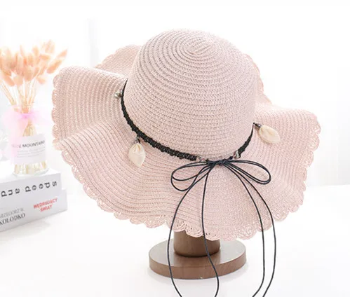 A Sunscreen Han Edition Big Beach Hat Wavy Skirt Together Leather Rope Weaving Pink - Shop at LoveMi
