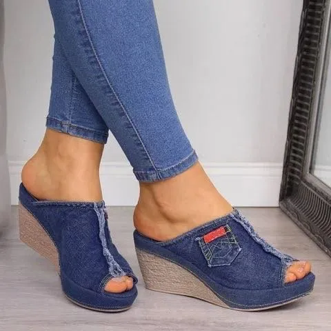 Summer Women Slippers Denim Fish Mouth Shoes Platform High Heeled Wedge Sandals Navy - Shop at LoveMi