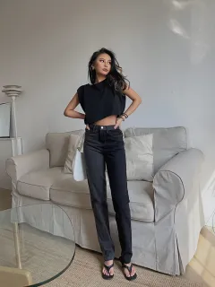 Jeans Look Thin Straight Trousers - Black And Grey Colour Matching - View 1