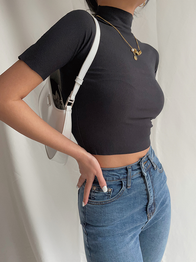 Semi-High Collar Sexy Slim Figure High Waist Short-Sleeved T-Shirt With Waist Top And Summer Thin Section