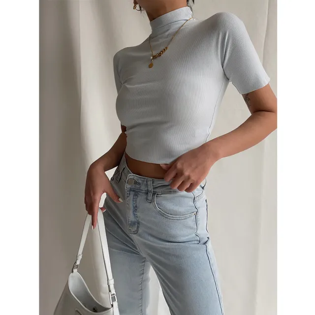 Semi High Collar Sexy Slim Figure High Waist Short Sleeved T Shirt With Waist Top And Summer Thin Section Blue - Shop at LoveMi