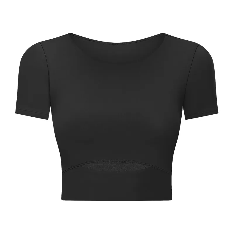 Shinbene Burning Ardor Slim Buttery Soft Workout gym Crop Tops T Shirt Female Naked Feel Padded Running Fitness Short Sleeve Shirts - Black