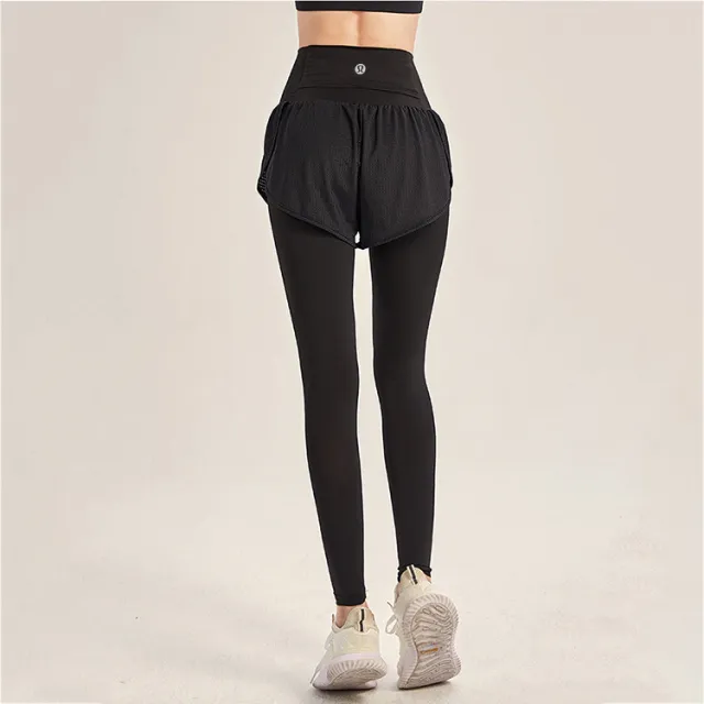 Women's Yoga Pants Fitness Sports Fake Two piece Tights Yoga Mat Running Outdoor Nine point Pants Black - Shop at LoveMi