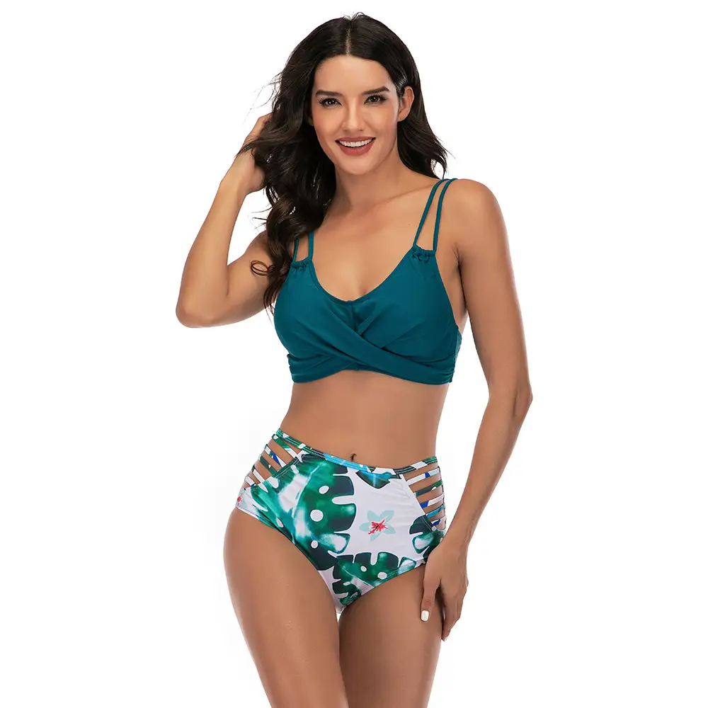 Women's High-Waisted Bikini Set with Tropical Print Bottoms and Solid Color Top