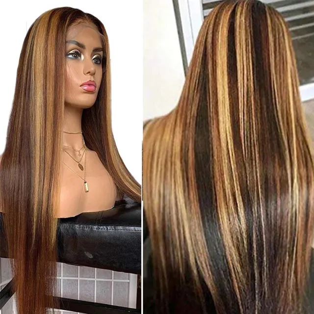 Wig Ladies Chemical Fiber Hair Cover Piano Color Highlighting Brown Inter color Long Straight Hair Gradient Gradient - Shop at LoveMi
