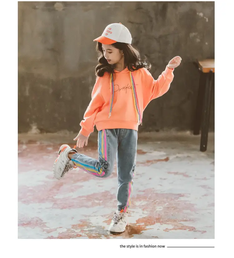 GirlsSuit Autumn New Korean GirlsMiddle And Large Childrens Color Rope Solid Color Hooded Sweater Leisure Two Piece Set