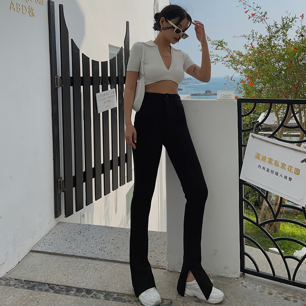 Self Made High-Quality Elastic Black High Waist Pants Leg Split Casual Pants For Women