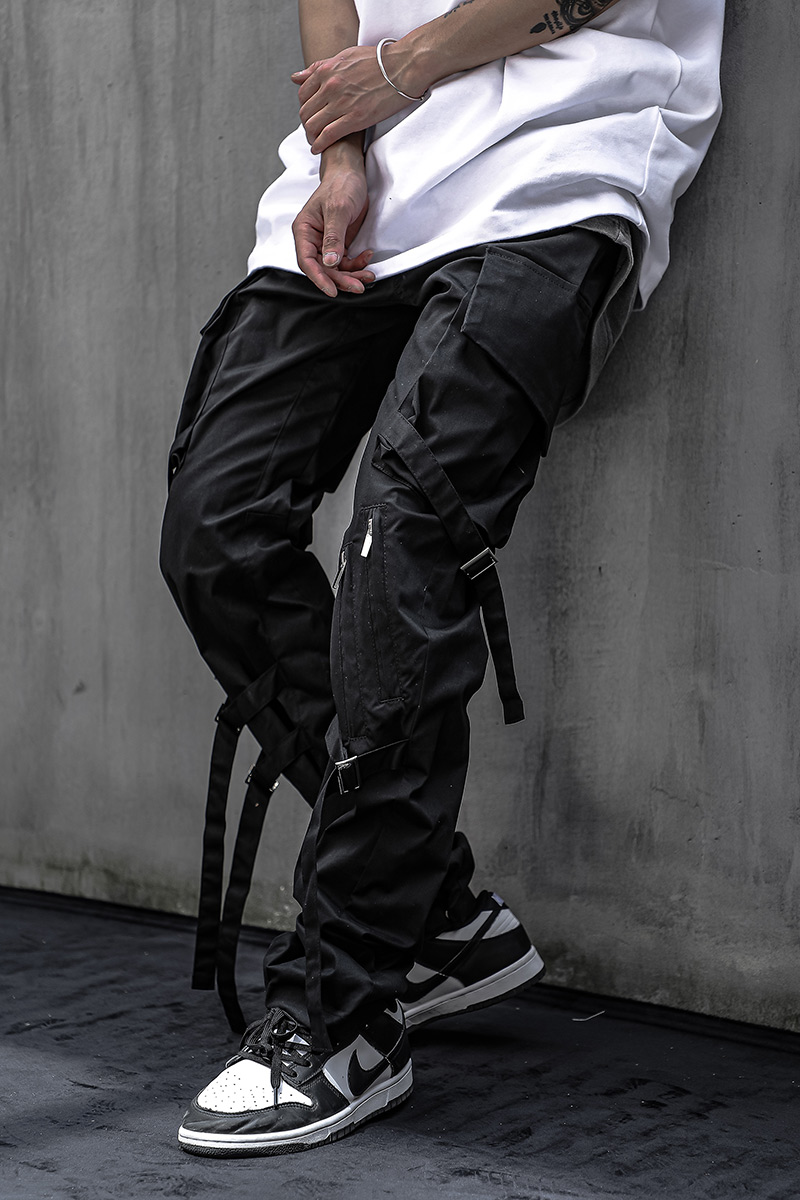 Double Webbing Pants Men's Casual Black All-Match Overalls Personality Streamer Trousers