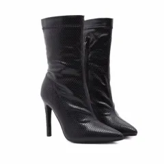 Snake Pattern Pointed Toe Stiletto Super High Heel Mid-Boots Ankle Boots Women'S Plus Size - Black - View 1