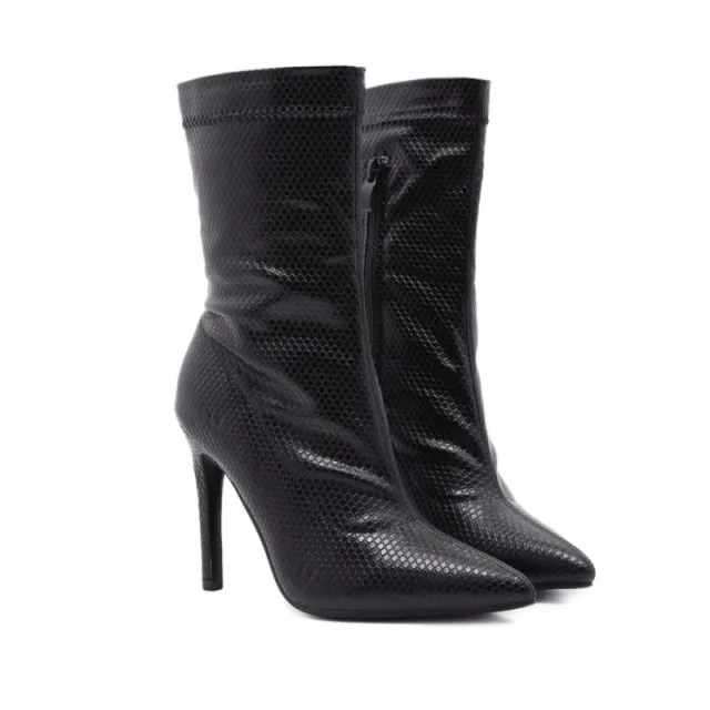 Snake Pattern Pointed Toe Stiletto Super High Heel Mid Boots Ankle Boots Women'S Plus Size Black - Shop at LoveMi