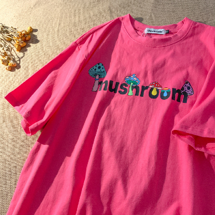Cute Mushroom Letter Print Short Sleeve T-shirt Women Fashion Korean Loose Mid-length Men's and Women's Tops Couples