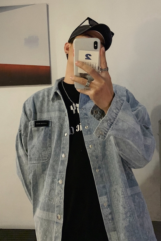 Cashew Flower Denim Jacket Male Ins Trend Retro Design Shirt Loose Couple Top Tide