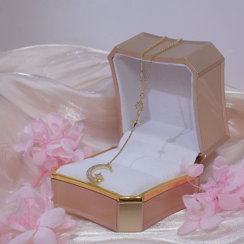 Moon Star Micro-Set 14K Gold Diamond Zirconium Clavicle Chain