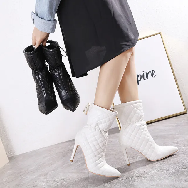 Super High Heel Pointed Toe Stiletto Sexy Short Boots Lace Up Personality Short Boots Women White - Shop at LoveMi