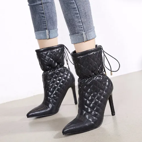 Super High Heel Pointed Toe Stiletto Sexy Short Boots Lace Up Personality Short Boots Women Black - Shop at LoveMi