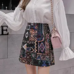 Retro Ethnic Style Short A-Line Bag Hip Skirt - Black - View 1