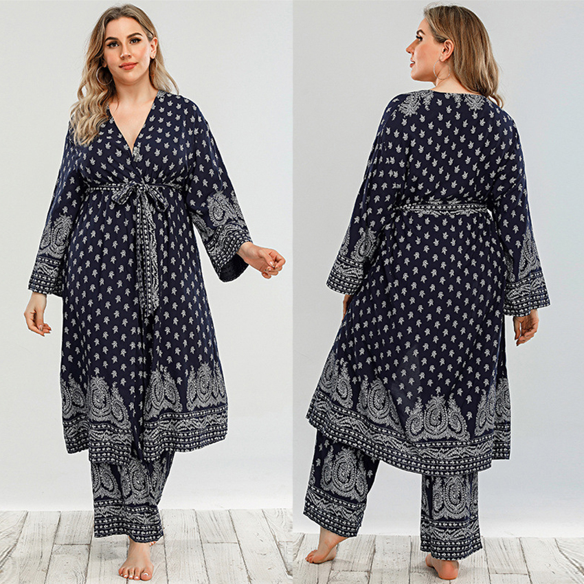 Plus Size Women Autumn Casual Loose V-Neck Coat Pants Suit