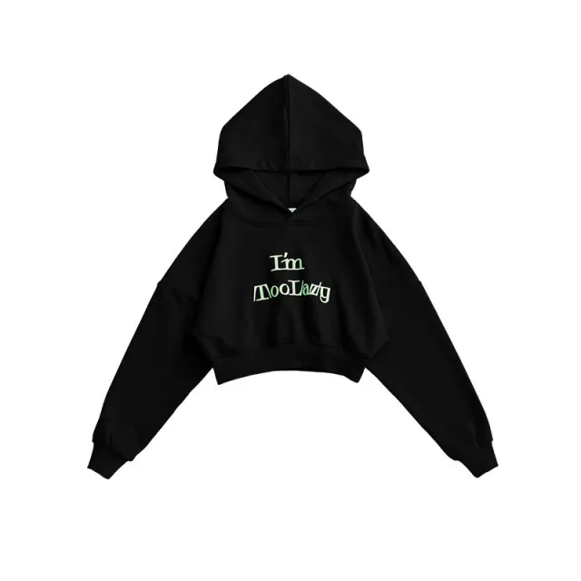 Sports Slim Letter Print Hooded Short Ladies Sweatshirt Black - Shop at LoveMi