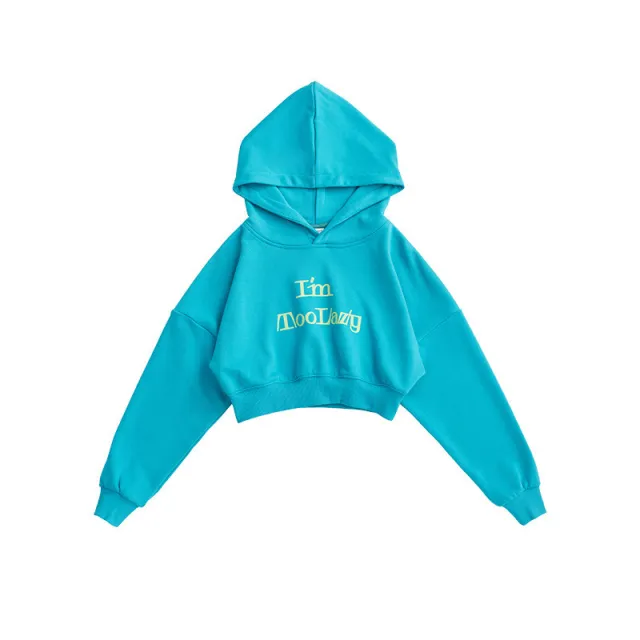 Sports Slim Letter Print Hooded Short Ladies Sweatshirt Blue - Shop at LoveMi