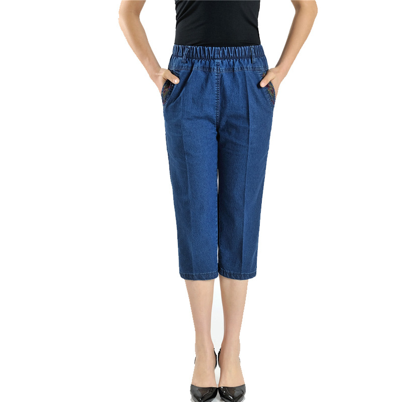 Stretch Thin Pants Elastic Waist Copped Trousers Shorts Navy - Shop at LoveMi