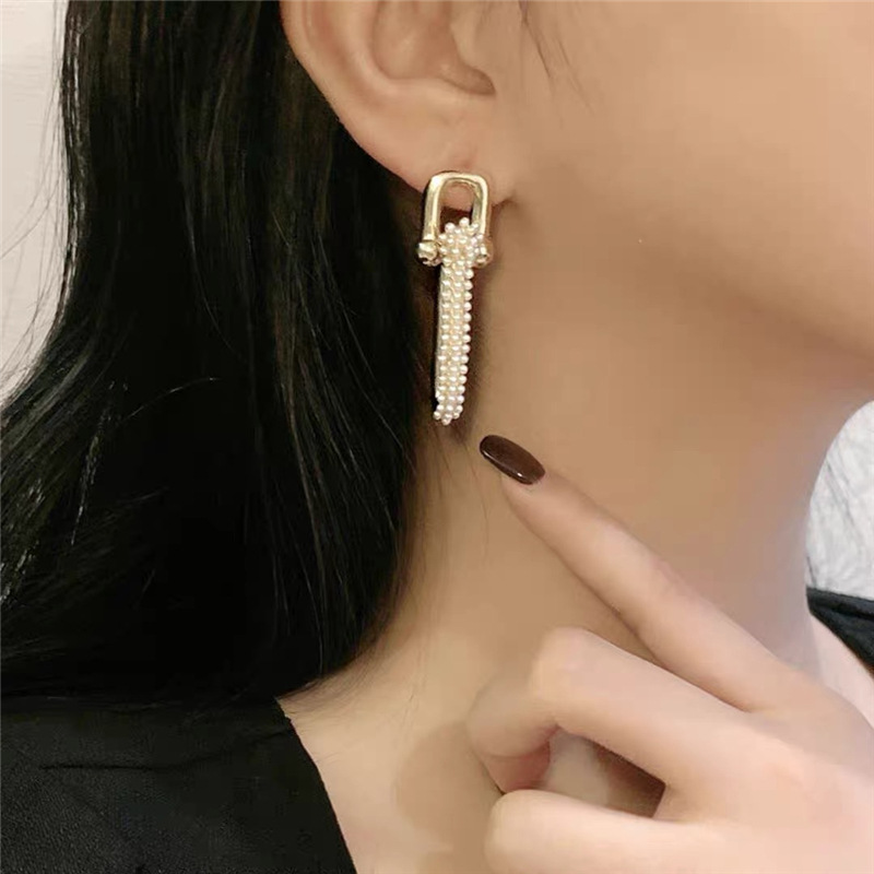 Pearl Chain Stitching Earrings Ins Niche Net Red Silver Needle Stud Earrings