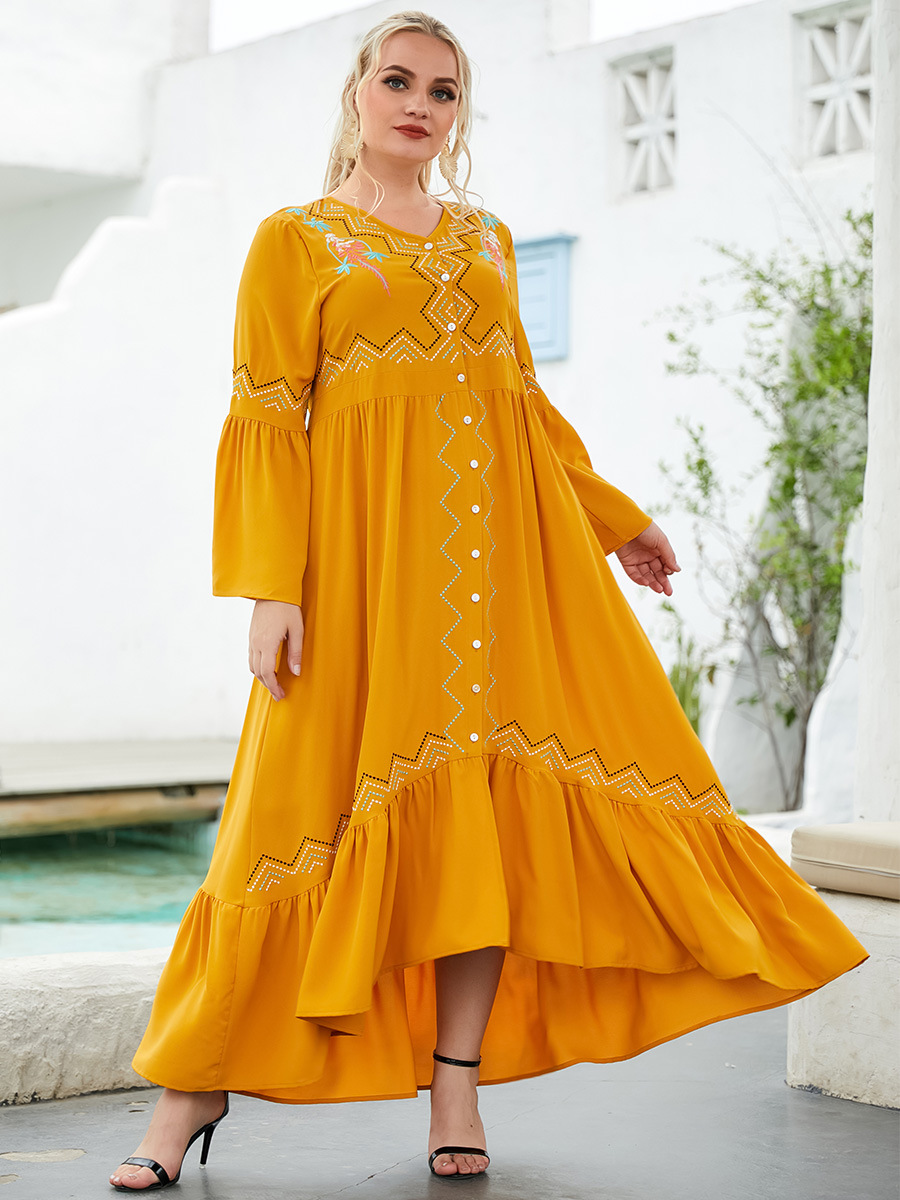 Women's Front Button Embroidered Irregular Skirt Yellow Retro European And American Big Swing Dress