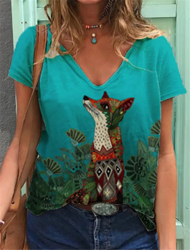 V Neck Printed Loose Short Sleeve Women's T Shirt F L - Shop at LoveMi
