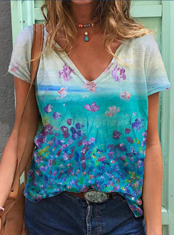 V Neck Printed Loose Short Sleeve Women's T Shirt