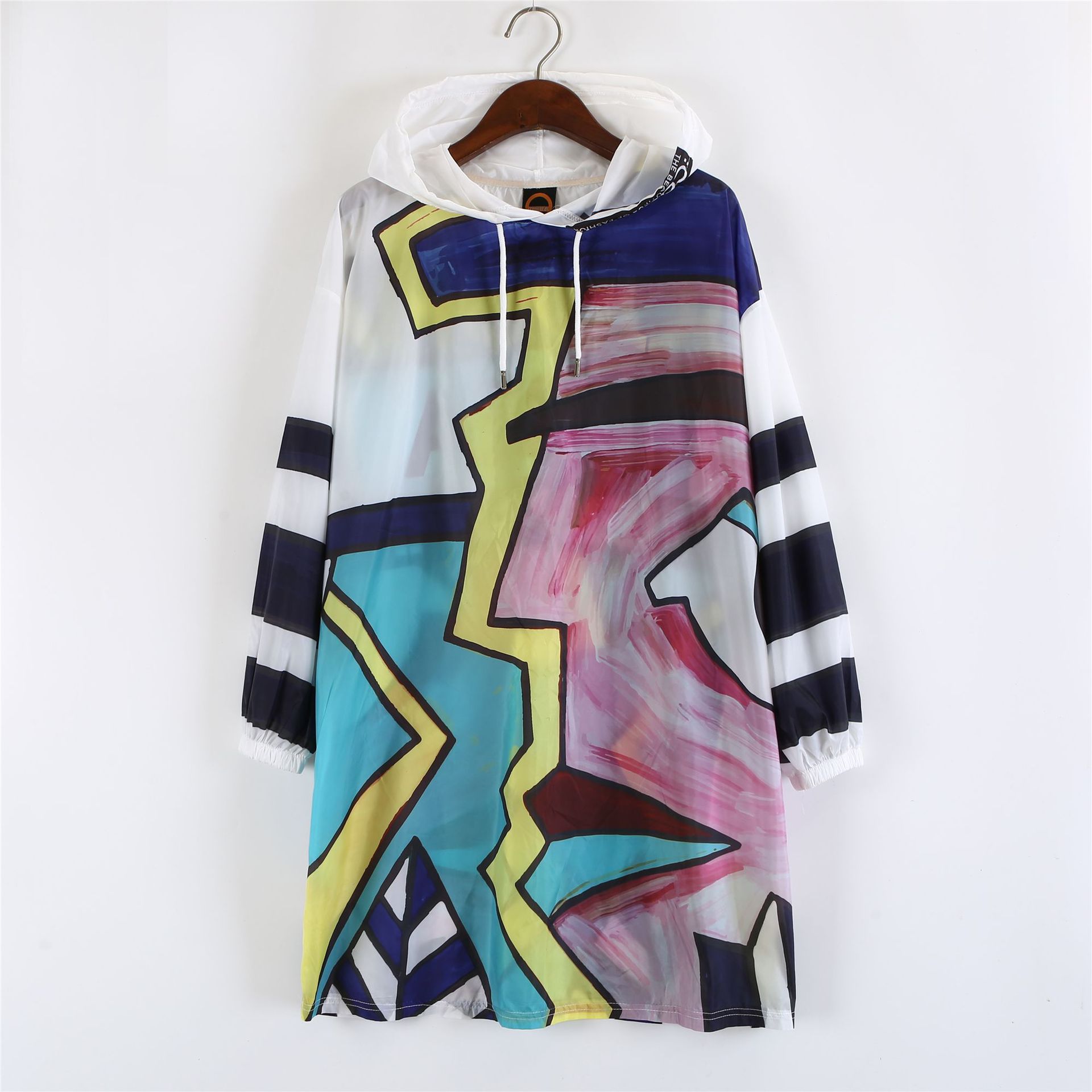 Summer New Hooded Hooded Women'S Sunscreen Clothes Long-Sleeved Geometric Color Matching Casual Loose Large Size Ladies