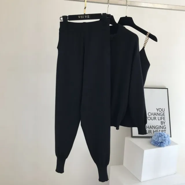 Three Piece Chain Sling Knitted Jacket With Elastic Pants Black - Shop at LoveMi