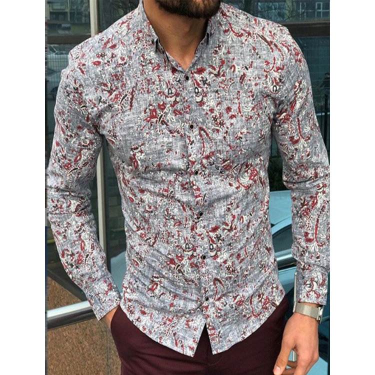 Men's Long Sleeved Shirt Gray Print Casual Top