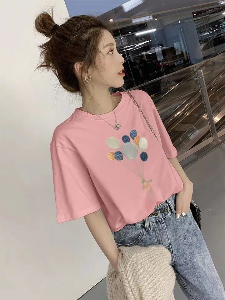 Pure Cotton White T-Shirt Women Short-Sleeved Loose Korean Embroidered Western Style Half-Sleeved T-Shirt - Pink