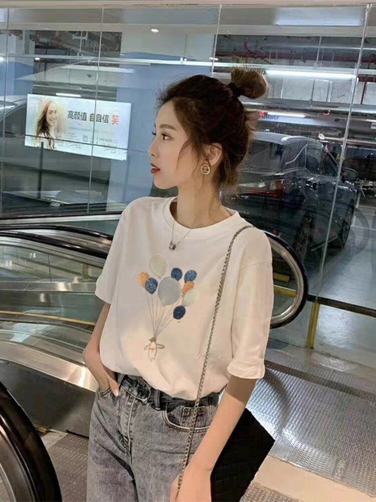 Pure Cotton White T-Shirt Women Short-Sleeved Loose Korean Embroidered Western Style Half-Sleeved T-Shirt