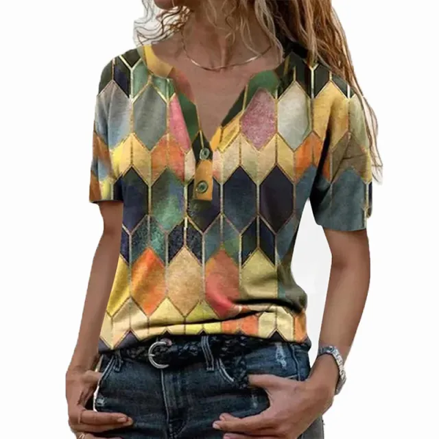 Printed Contrast Color V neck Pullover T shirt Yellow - Shop at LoveMi