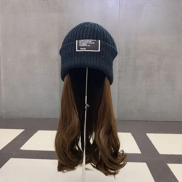 Purple Curly Hair Knitted Wig Cap Bright Silk Knitted Hat Invisible Detachable Wig Cold Cap Black - Shop at LoveMi