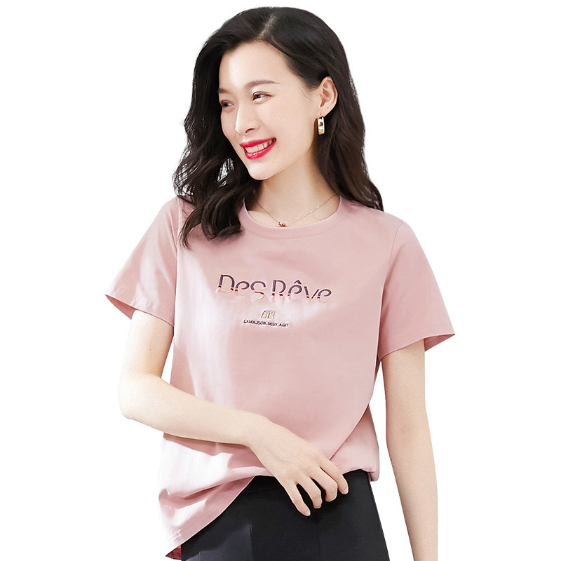 Title 1, Pure Cotton Pink Short-Sleeved T-Shirt Women