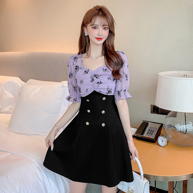 Chiffon Floral Stitching Fake Two-Piece Dress New Summer Temperament Women's Waist Waist Was Thin Wild Little Black Dress