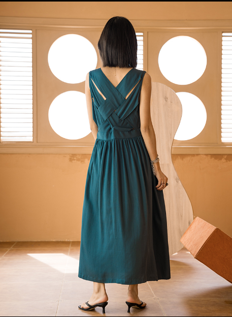 Summer Simple.Light And Mature Style, Pure Color Temperament, Waist Feminine, Backless Sleeveless Personality, Slim Long Dress