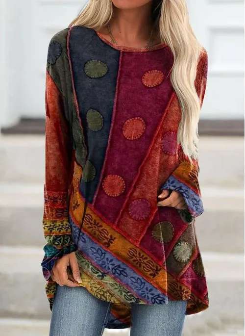 Retro Print Loose Round Neck Long Sleeve T-Shirt