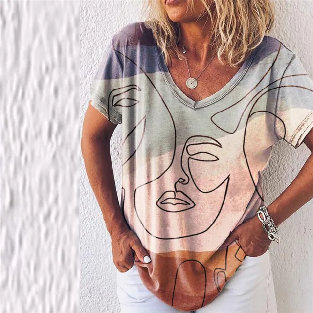Foreign Trade New Cross Border Women'S Gradient Printing Loose V Neck Short Sleeved T Shirt Women'S Top Pink - Shop at LoveMi