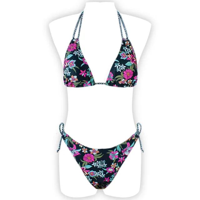 Printed Halter Lace Open Back European and American Sexy Split Bikini Swimsuit Pattern Flower S - Shop at LoveMi