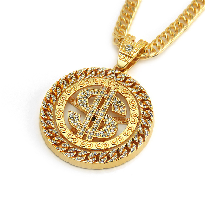 Exaggerated European and American Hip Hop Diamond Dollar Pendant Necklace