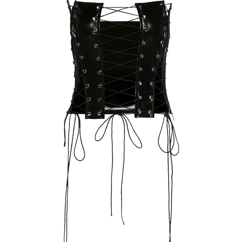 Sexy Hollow Low-Cut Fish Bone Faux Leather Tunic Top